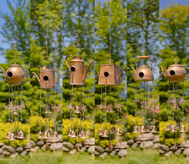 Antiqued Copper Finish Teapot Birdhouse Windchime